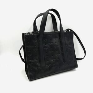 T Tahari Logo Emboss Shoulder Bag Shopper Tote Black Leather Handbag Goth
